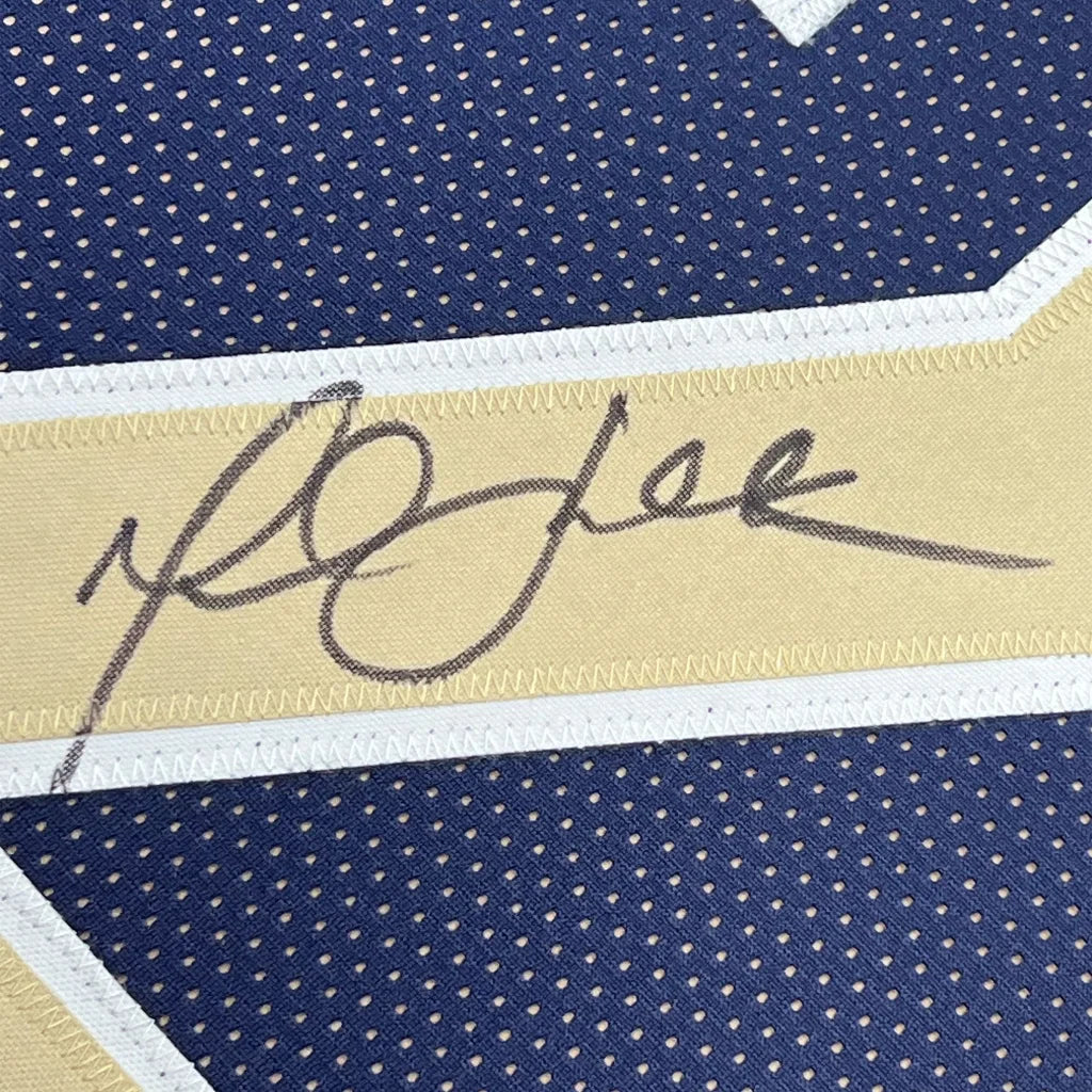 Framed Autographed Marshall Faulk 35x39 St. Louis Navy Blue Football Jersey Beckett BAS COA | Certified Authentic Signed Memorabilia | vintageantiquesgifts.com