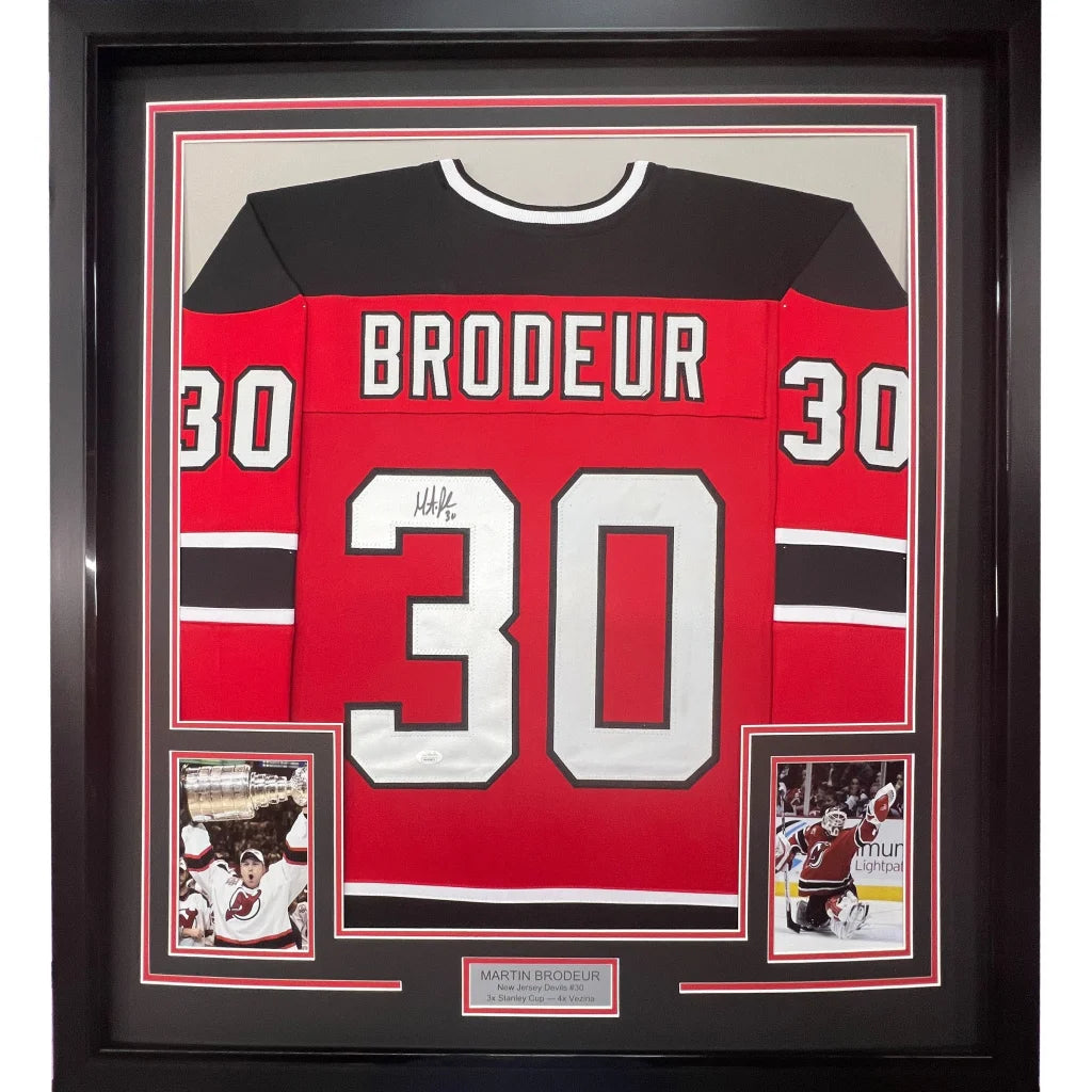 Framed Autographed Martin Brodeur 35x39 New Jersey Red Hockey Jersey JSA COA | Hall of Fame Sports Memorabilia | vintageantiquesgifts.com