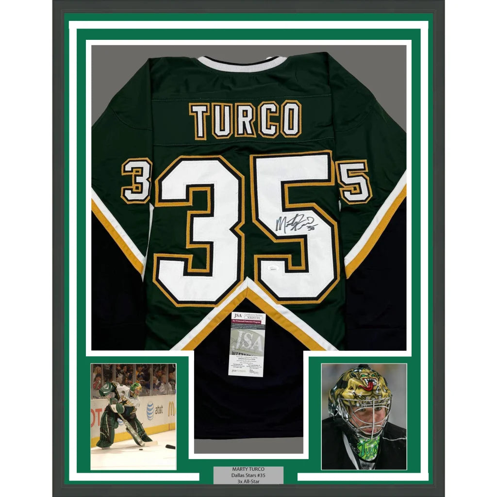 Professionally framed Dallas Stars green hockey jersey with Marty Turco autograph and photos