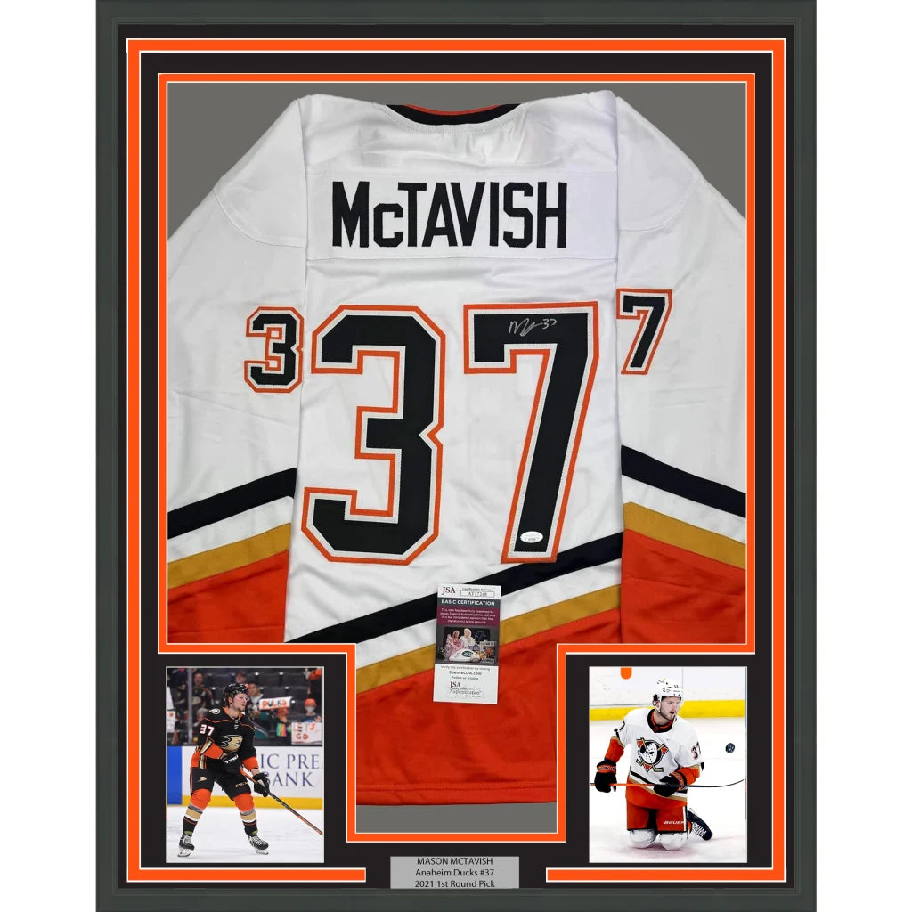 Framed White Hockey Jersey with Black and Orange Accents Signed by McTavish with Photos