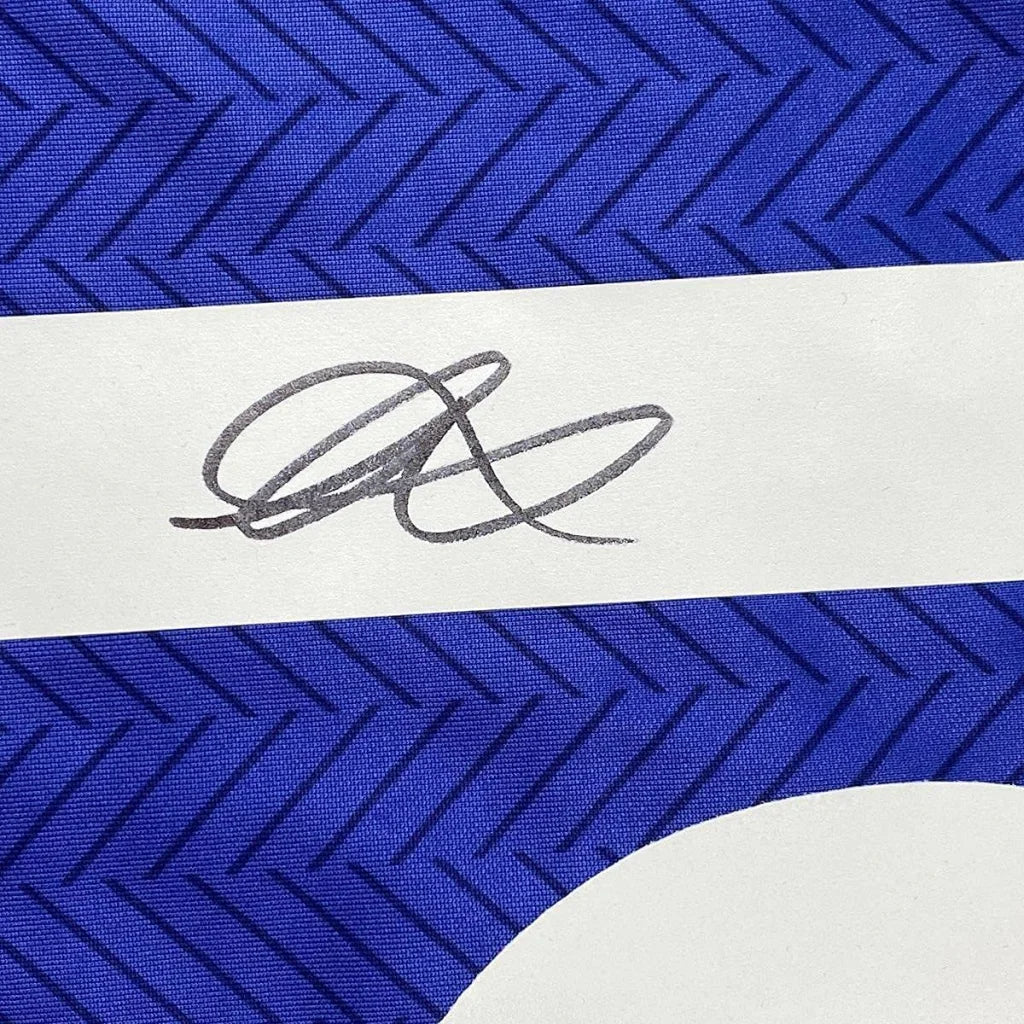 Blue fabric with white stripe and black signature on professionally framed Mason Mount Chelsea Jersey