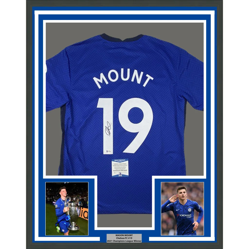 Professionally framed Mason Mount Chelsea jersey with autograph and commemorative photos