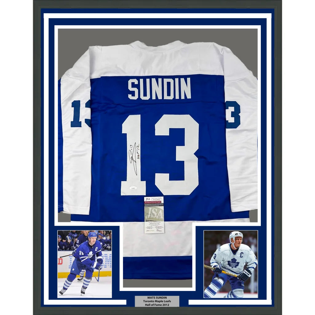 Framed Autographed Mats Sundin 35x39 HOF 12 Toronto Blue Hockey Jersey JSA COA | Hall of Fame Sports Memorabilia | vintageantiquesgifts.com