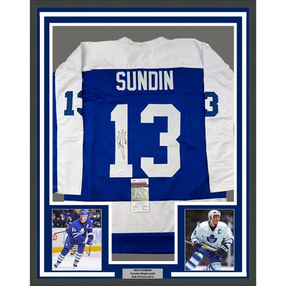 Framed Autographed Mats Sundin 35x39 HOF 12 Toronto Blue Hockey Jersey JSA COA | Hall of Fame Sports Memorabilia | vintageantiquesgifts.com