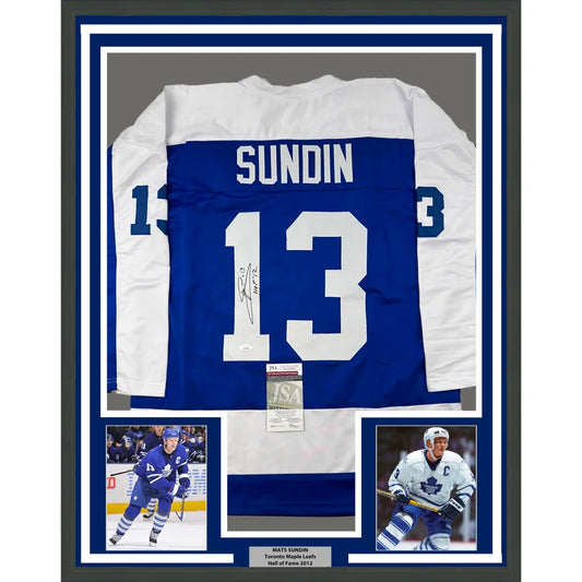 Framed Autographed Mats Sundin 35x39 HOF 12 Toronto Blue Hockey Jersey JSA COA | Hall of Fame Sports Memorabilia | vintageantiquesgifts.com