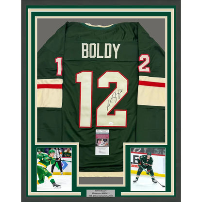 Framed Minnesota Wild autographed hockey jersey with photos and plaque for display