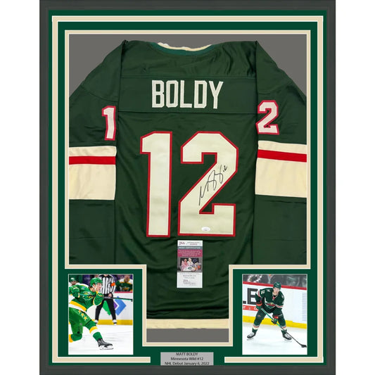 Framed Minnesota Wild autographed hockey jersey with photos and plaque for display