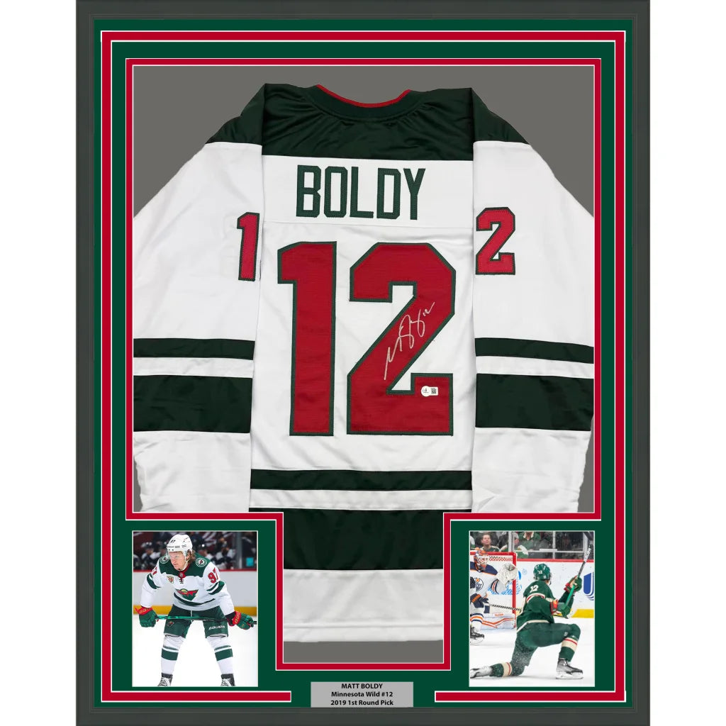 Framed Matt Boldy White Hockey Jersey with Beckett BAS COA and autographs