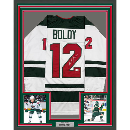 Framed Matt Boldy White Hockey Jersey with Beckett BAS COA and autographs