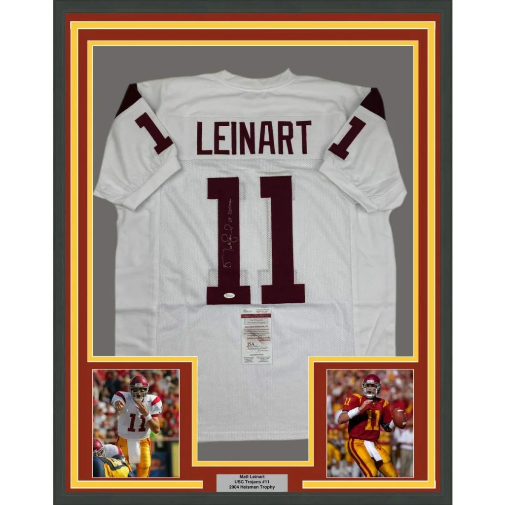 Framed Autographed Matt Leinart 04 Heisman 35x39 USC Southen Cal White College Football Jersey JSA COA | Hall of Fame Sports Memorabilia | vintageantiquesgifts.com