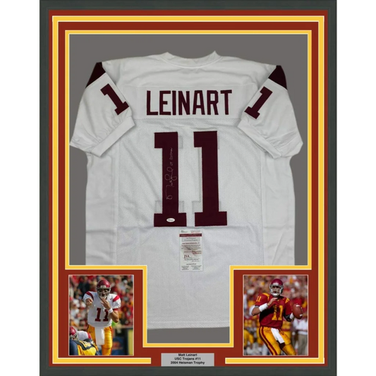 Framed Autographed Matt Leinart 04 Heisman 35x39 USC Southen Cal White College Football Jersey JSA COA | Hall of Fame Sports Memorabilia | vintageantiquesgifts.com