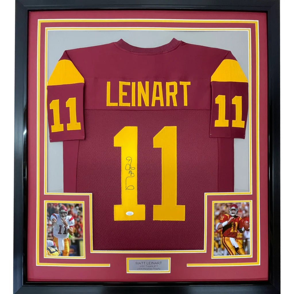 Framed back of autographed Matt Leinart USC maroon gold jersey number 11 JSA COA