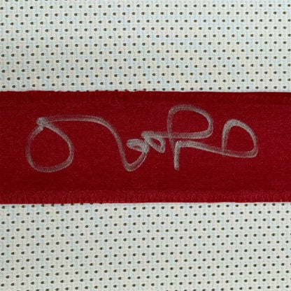 Framed autographed Matt Leinart USC white football jersey with red fabric band and white embroidered logo