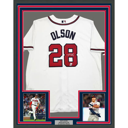 Framed autographed Matt Olson Atlanta Braves white jersey with Olson 28