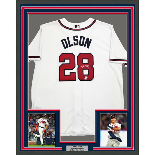 Framed autographed Matt Olson Atlanta Braves white jersey with Olson 28