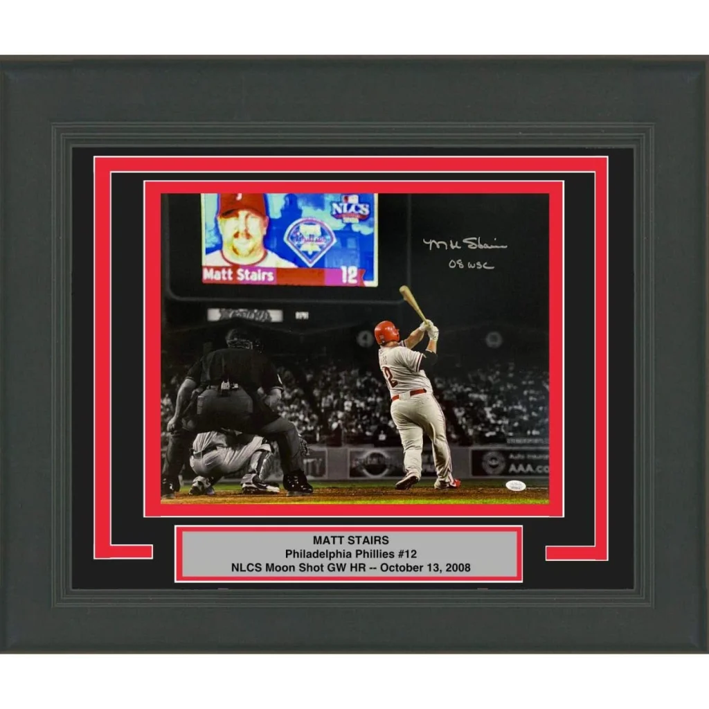 Framed Autographed Matt Stairs 08 WSC Moon Shot Philadelphia Phillies 16x20 Baseball Photo JSA COA | Hall of Fame Sports Memorabilia | vintageantiquesgifts.com