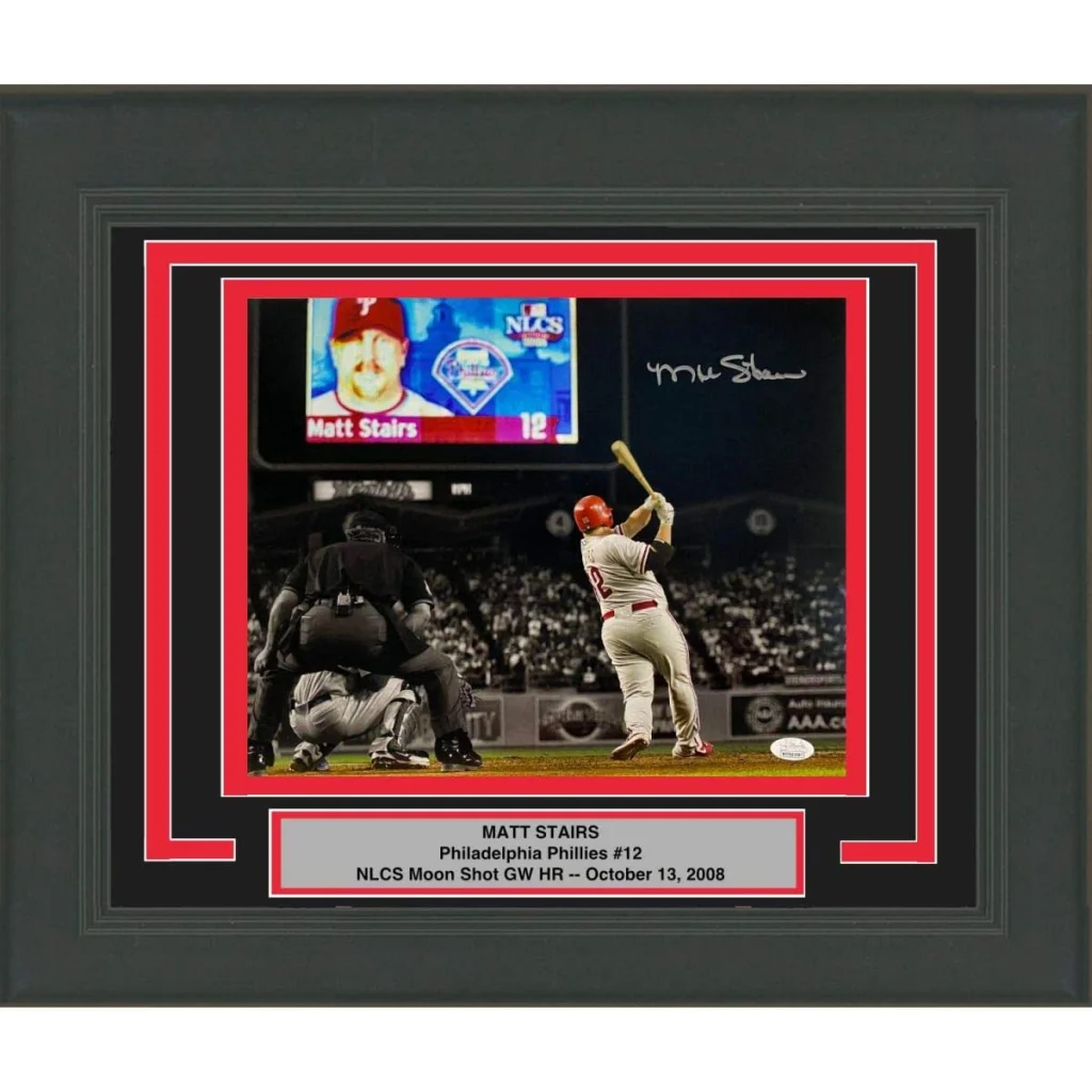 Framed autographed Philadelphia Phillies 11x14 baseball photo of Matt Stairs hitting a home run