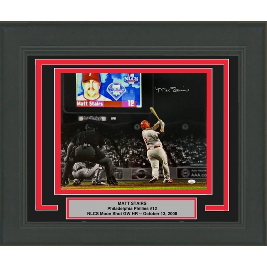 Signed Matt Stairs Phillies #12 NLCS home run photo, framed 16x20 JSA