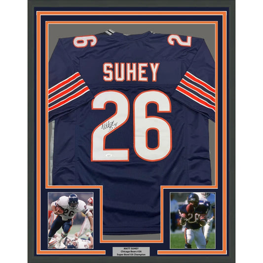 Professionally framed Matt Suhey Chicago Bears autographed jersey with player photos and plaque