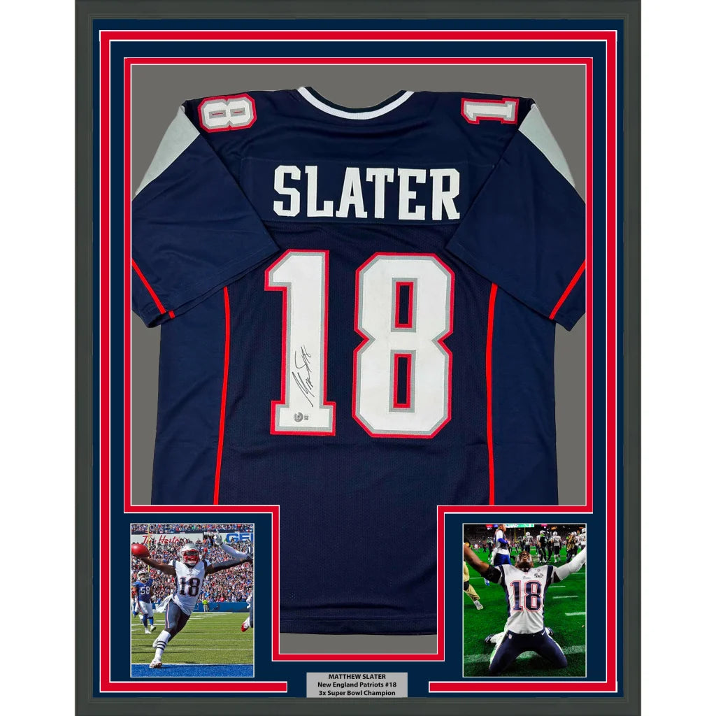 Professionally framed Matthew Slater Patriots jersey with Beckett BAC COA and photos