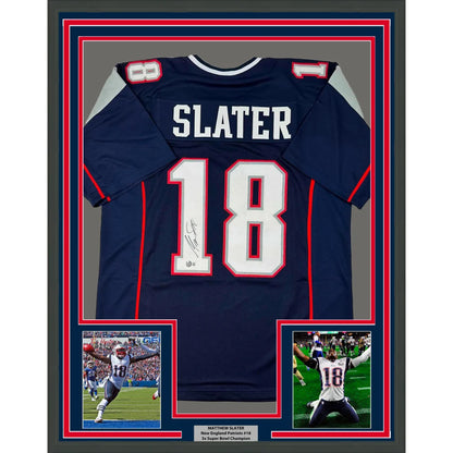 Professionally framed Matthew Slater Patriots jersey with Beckett BAC COA and photos