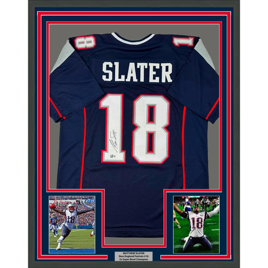 Professionally framed Matthew Slater Patriots jersey with Beckett BAC COA and photos