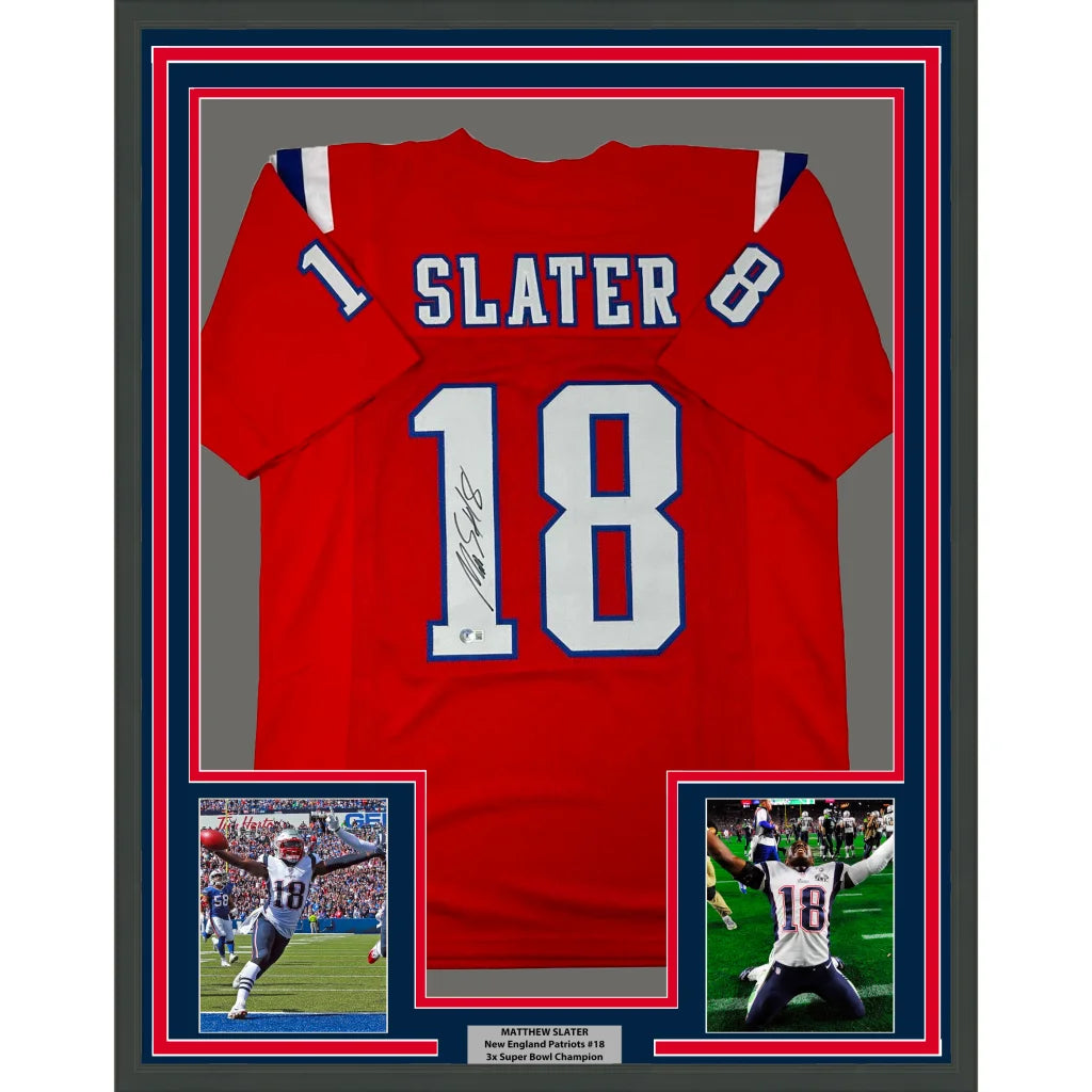 Framed autographed Matthew Slater red New England Patriots jersey back, #18 Slater, Beckett BAS COA