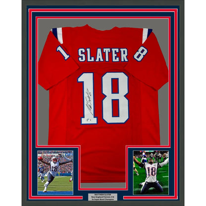 Framed autographed Matthew Slater red New England Patriots jersey back, #18 Slater, Beckett BAS COA
