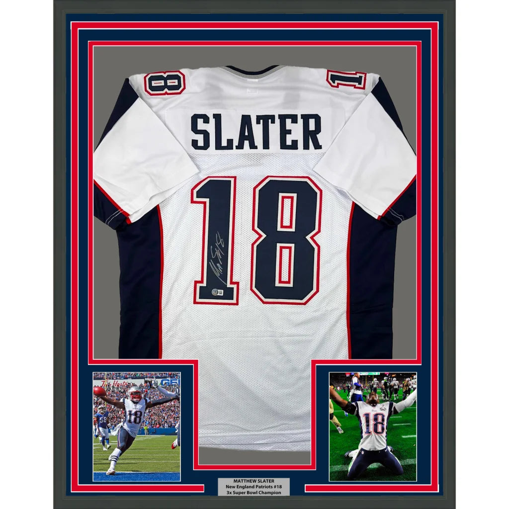 Framed autographed Matthew Slater Patriots jersey with photos and plaque display