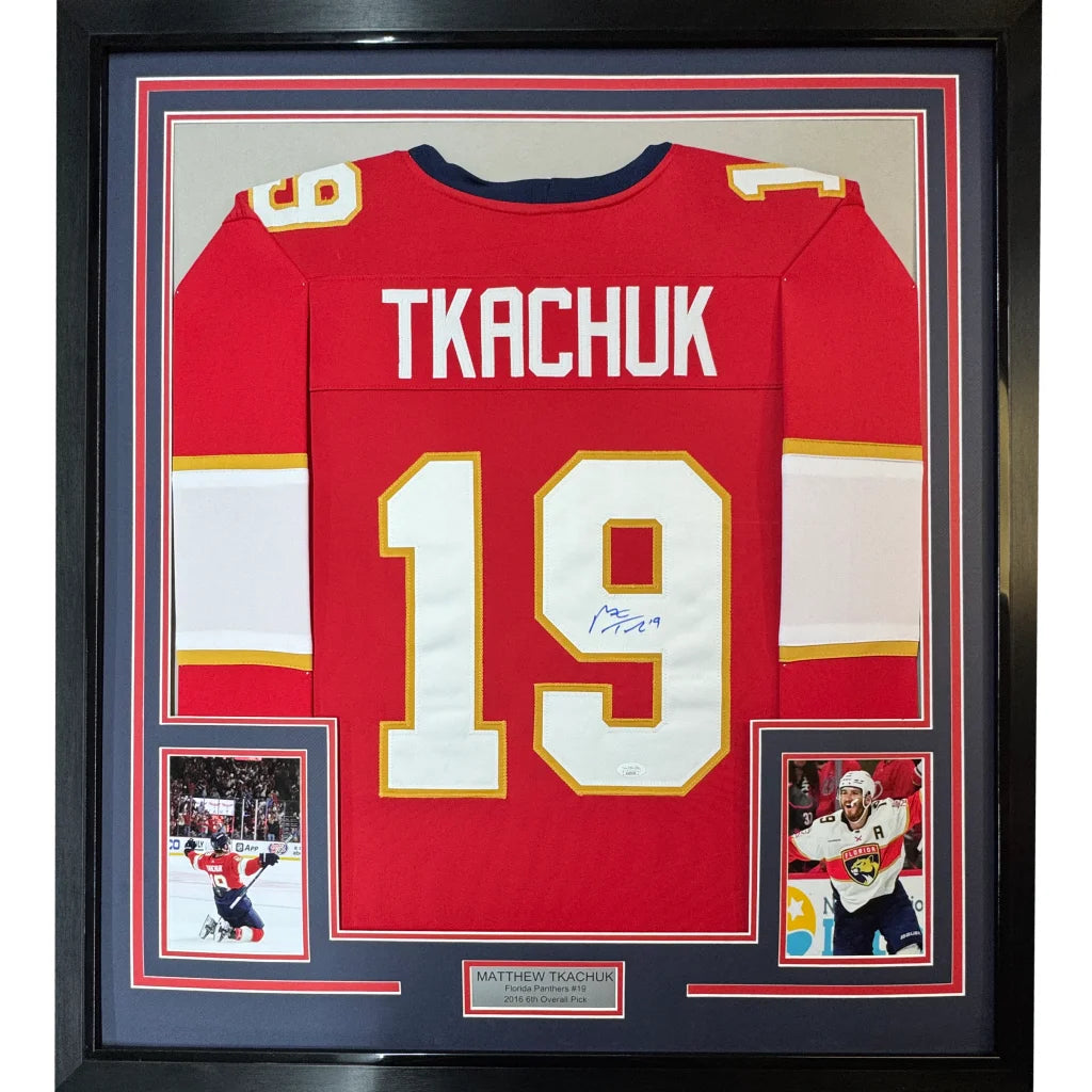 Professionally framed Matthew Tkachuk autographed hockey jersey with player photos and nameplate