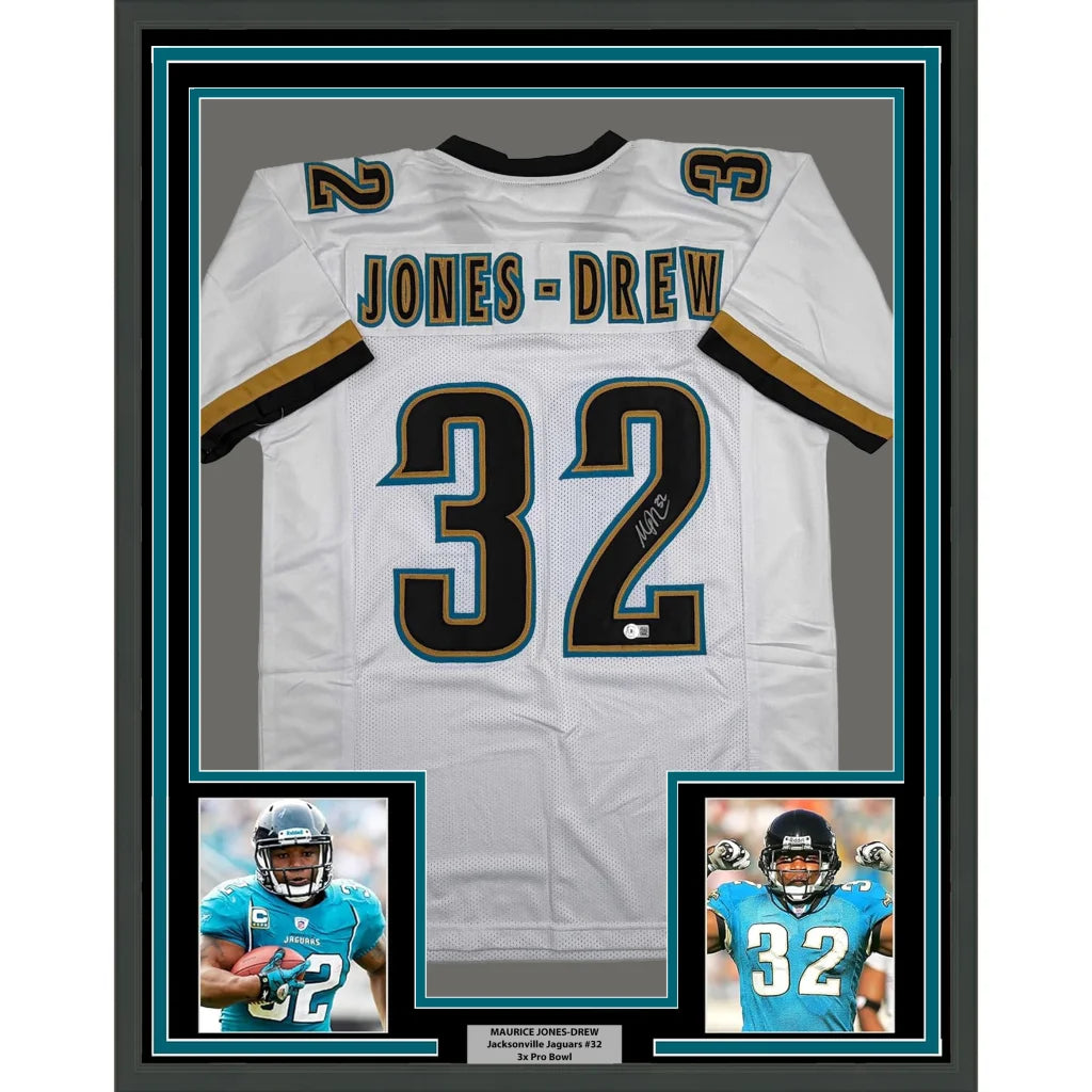 Framed signed Maurice Jones-Drew Jaguars white jersey with Jones-Drew 32