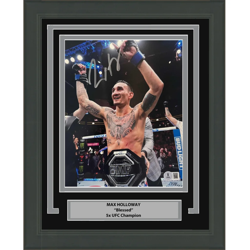 Framed autographed Max Holloway UFC black BMF belt 8x10 photo with Beckett COA