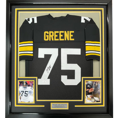 Framed Autographed Mean Joe Greene HOF 87 35x39 Pittsburgh Black Football Jersey JSA COA | Hall of Fame Sports Memorabilia | vintageantiquesgifts.com