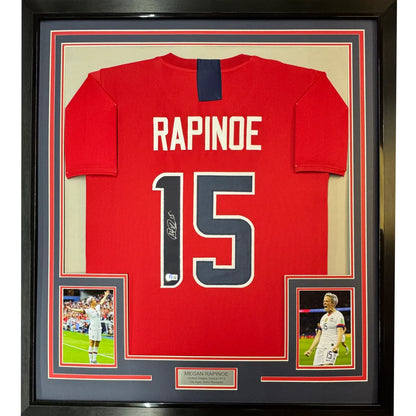 Framed signed Megan Rapinoe USWNT jersey with commemorative photos ready for framing