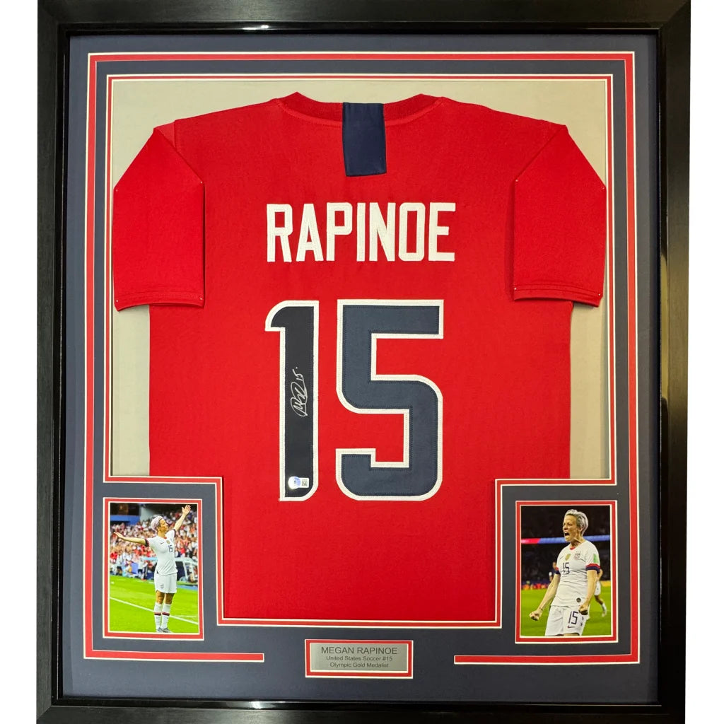 Framed Autographed Megan Rapinoe 35x39 Red Soccer Team USA United States World Cup Jersey JSA COA | Hall of Fame Sports Memorabilia | vintageantiquesgifts.com