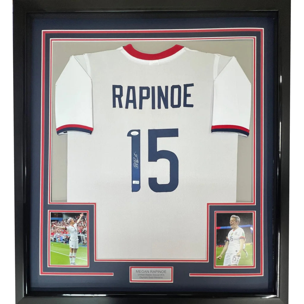 Framed autographed Megan Rapinoe USA World Cup white jersey with Rapinoe 15