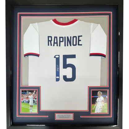 Framed autographed Megan Rapinoe USA World Cup white jersey with Rapinoe 15
