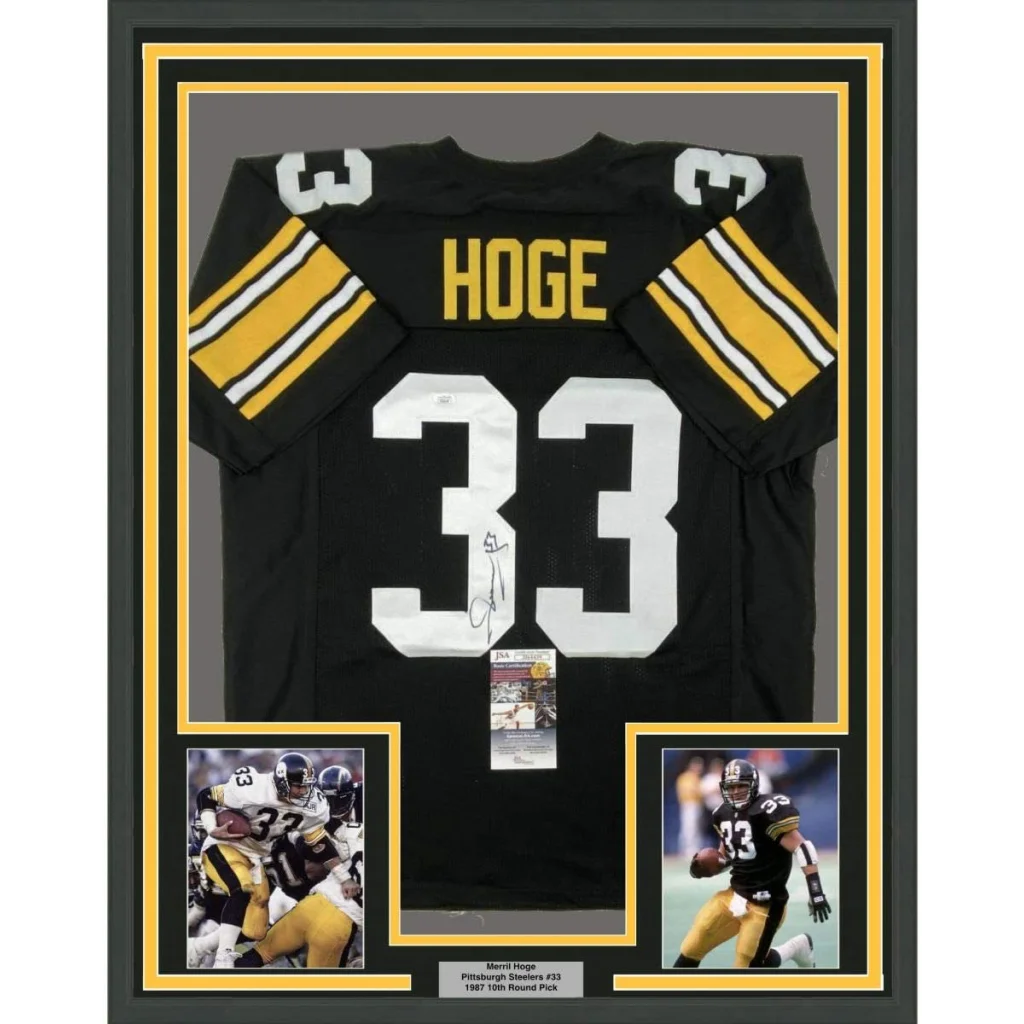 Professionally framed Merril Hoge Steelers autographed jersey display with photos and plaque