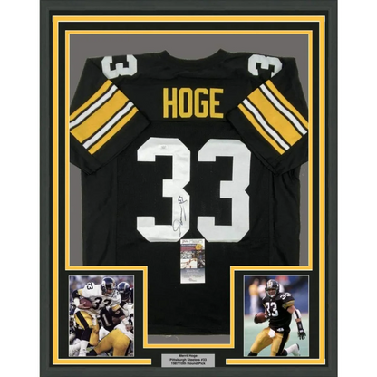 Professionally framed Merril Hoge Steelers autographed jersey display with photos and plaque