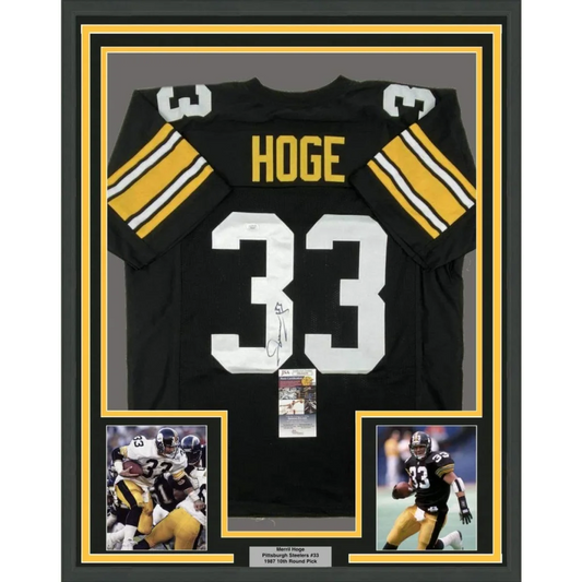 Professionally framed Merril Hoge Steelers autographed jersey display with photos and plaque