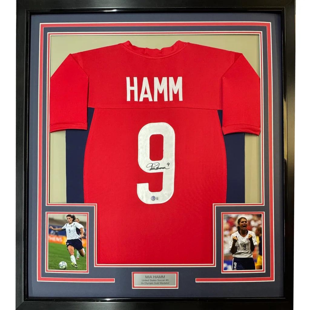Framed red Mia Hamm signed soccer jersey with photos ready to display