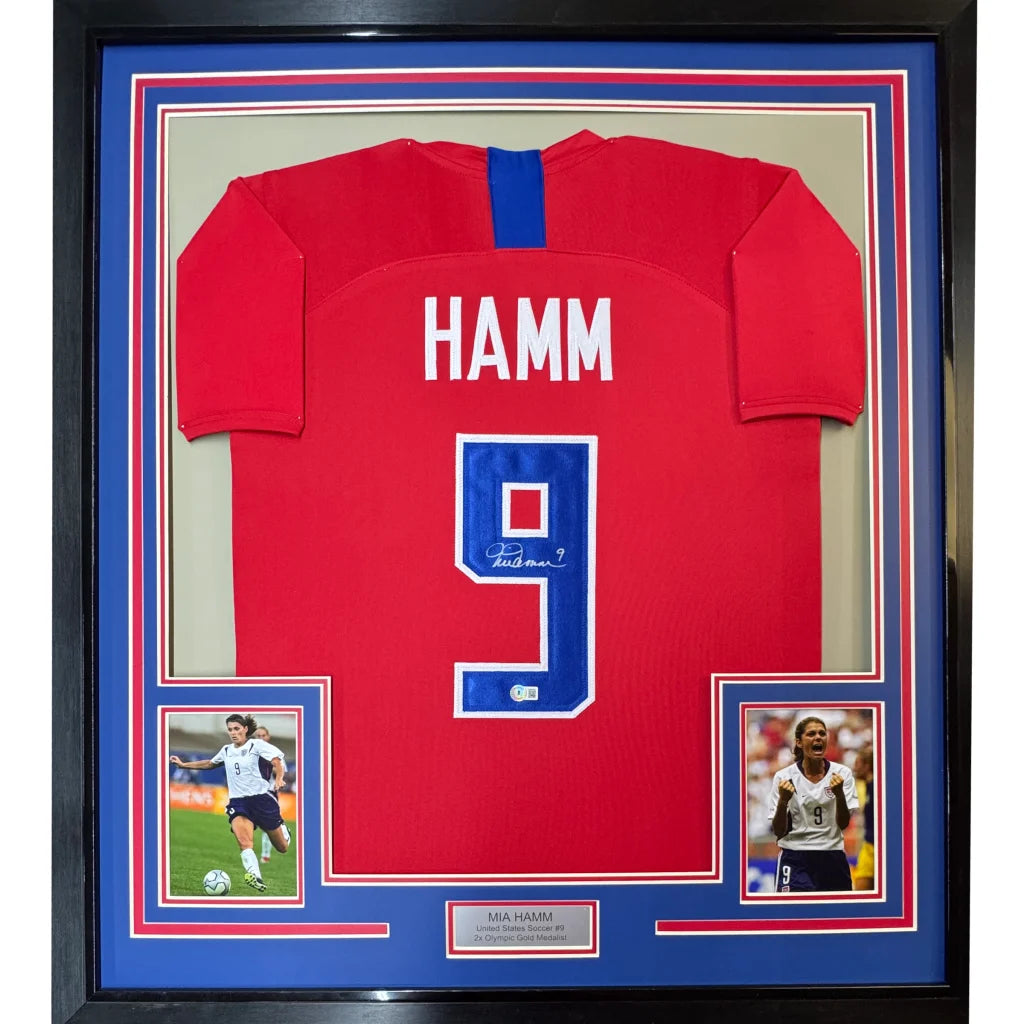Framed autographed Mia Hamm Team USA red soccer jersey with blue number 9
