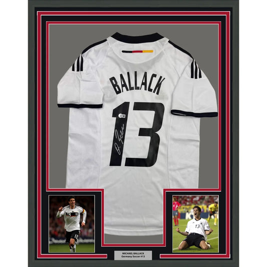 Framed Autographed Michael Ballack 35x39 Germany White Soccer World Cup Jersey Beckett BAS COA | Hall of Fame Sports Memorabilia | vintageantiquesgifts.com