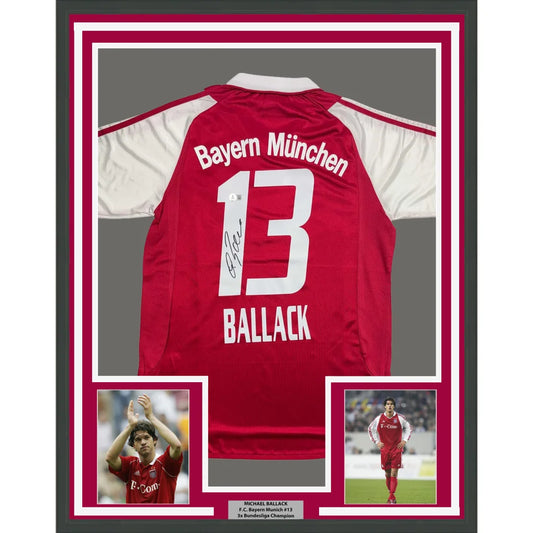 Framed Autographed Michael Ballack FC Bayern Munich 35x39 Red Soccer Futbol Jersey Beckett BAS COA | Hall of Fame Sports Memorabilia | vintageantiquesgifts.com