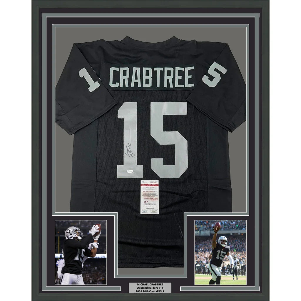 Framed autographed Michael Crabtree Oakland Raiders black jersey back with silver 15 Crabtree JSA COA