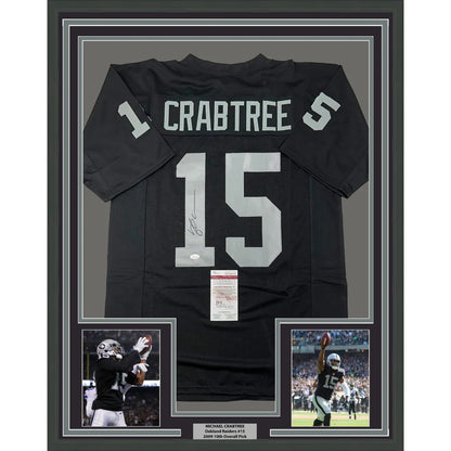 Framed autographed Michael Crabtree Oakland Raiders black jersey back with silver 15 Crabtree JSA COA