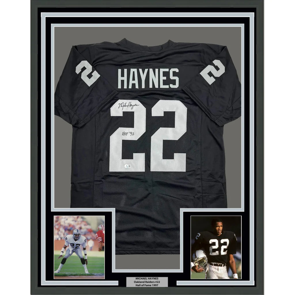 Framed Autographed Michael Mike Haynes 35x39 HOF 97 Oakland Black Football Jersey Beckett BAS COA | Hall of Fame Sports Memorabilia | vintageantiquesgifts.com