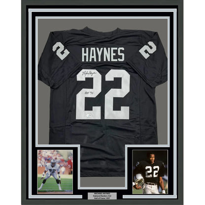 Framed Autographed Michael Mike Haynes 35x39 HOF 97 Oakland Black Football Jersey Beckett BAS COA | Hall of Fame Sports Memorabilia | vintageantiquesgifts.com