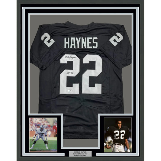 Framed Autographed Michael Mike Haynes 35x39 HOF 97 Oakland Black Football Jersey Beckett BAS COA | Hall of Fame Sports Memorabilia | vintageantiquesgifts.com