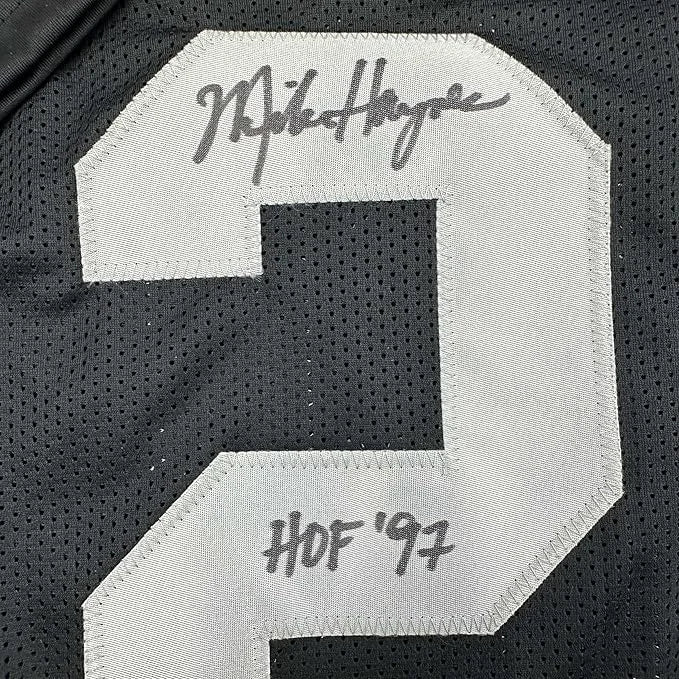 Framed Autographed Michael Mike Haynes 35x39 HOF 97 Oakland Black Football Jersey Beckett BAS COA | Certified Authentic Signed Memorabilia | vintageantiquesgifts.com